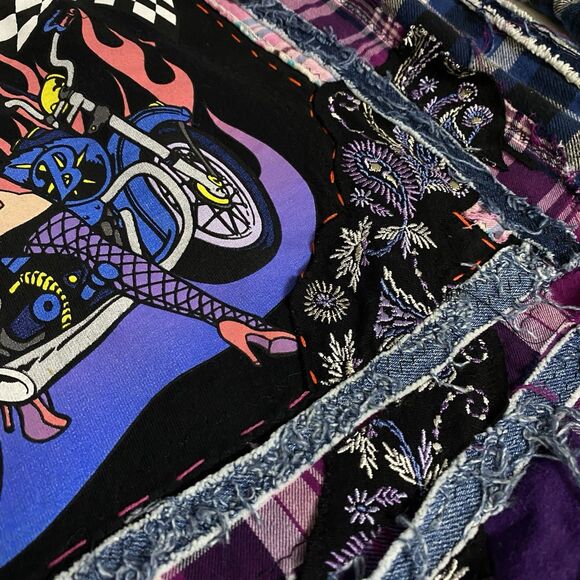 Upcycled Flannel Shirt Shacket Womens 1X Boop Motorcycle Grunge Patchwork Art - Picture 10 of 16